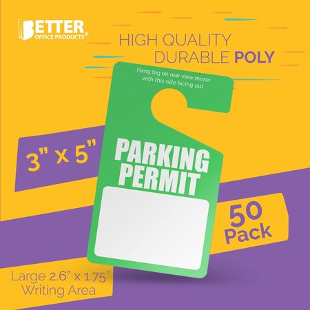 Better Office Products Green Parking Permit Hang Tags, Plastic Parking Placards, 3in. x 5in. for Rearview Mirror, 50PK 24100